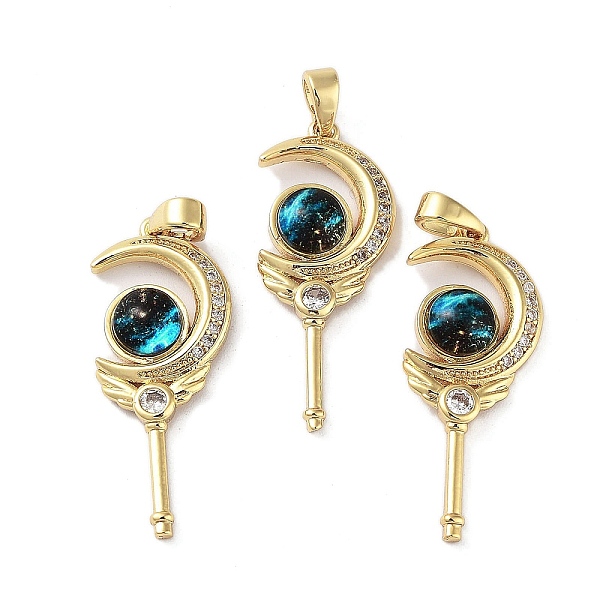 

PandaHall Rack Plating Brass Micro Pave Clear Cubic Zirconia Pendants, Moon Magic Stick Charms with Cyan Epoxy Resin, Long-Lasting Plated...