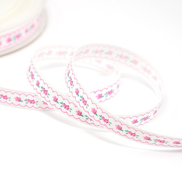 PandaHall Flower Printed Grosgrain Ribbon Gift Package DIY Hairbow Ribbon, White, 3/8 inch(9mm), about 100yards/roll(91.44m/roll) Polyester...