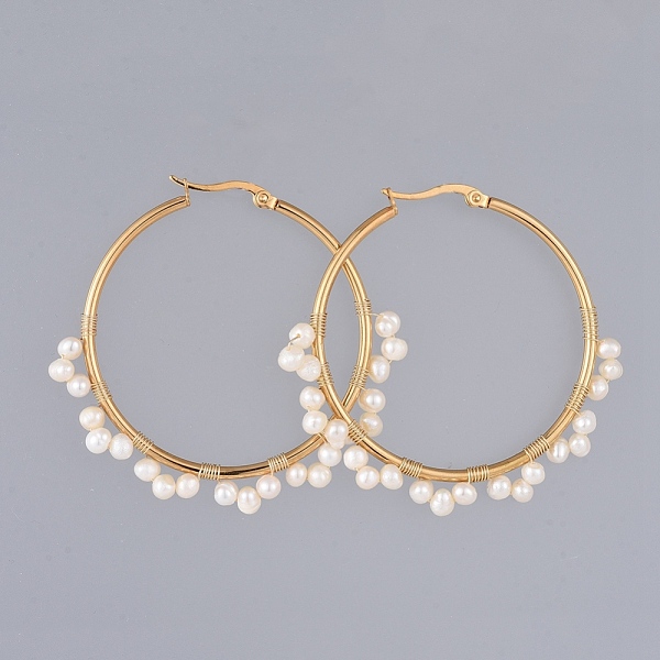 

PandaHall 304 Stainless Steel Hoop Earrings, Beaded Hoop Earrings, with Natural Cultured Freshwater Pearl Beads and Cardboard Box, Ring...