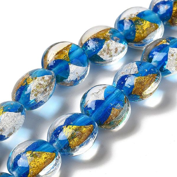 

PandaHall Handmade Gold Sand and Silver Sand Lampwork Flat Round Beads, Dodger Blue, 14~14.5x8.5~9mm, Hole: 1.6~1.8mm Gold & Silver Foil...