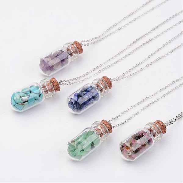 

PandaHall Glass Bottle Pendant Necklaces, with Mixed Stone Chip Beads and Brass Chain, Platinum, 17.9 inch Mixed Stone