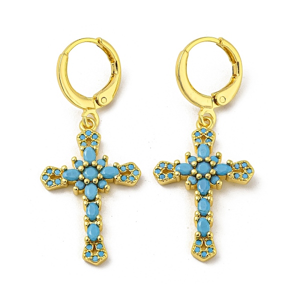 

PandaHall Real 18K Gold Plated Brass Dangle Leverback Earrings, with Glass, Cross, Light Sky Blue, 38x16mm Brass Cross