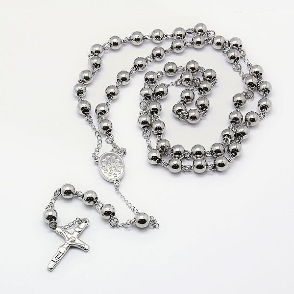 PandaHall Men's Rosary Bead Necklace with Crucifix Cross, 304 Stainless Steel Necklace for Easter, Stainless Steel Color, 21.7 inch(55cm)...