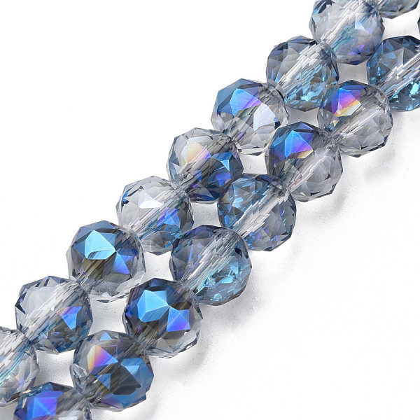 

PandaHall Electroplate Transparent Glass Beads Strands, Half Plated, Faceted, Round, Royal Blue, 10x8.5mm, Hole: 1.2mm, about 60pcs/strand...