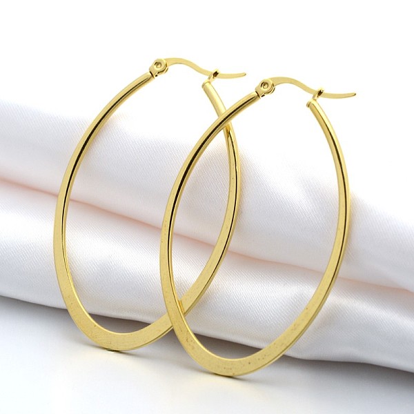 

PandaHall 304 Stainless Steel Hoop Earring, Oval, Golden, 63x40x2mm, Pin: 1x0.6mm 304 Stainless Steel Oval