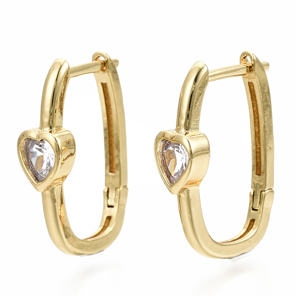 

PandaHall Brass Micro Pave Clear Cubic Zirconia Huggie Hoop Earring, Nickel Free, Oval with Heart, Real 16K Gold Plated, 21.5x6.5x14mm, Pin...