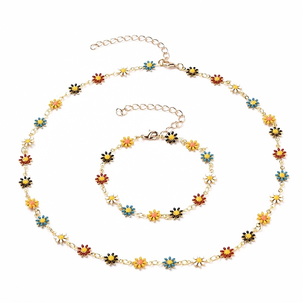 

PandaHall Daisy Link Chain Necklaces & Bracelets Jewelry Sets, with Brass Enamel Links, Curb Extension Chain & Lobster Claw Clasps, Golden...