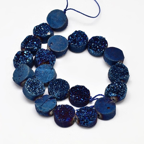 

PandaHall Electroplated Natural Druzy Quartz Crystal Beads Strands, Flat Round , Blue Plated, 10.5x6~8mm, Hole: 1mm, about 20pcs/strand, 8...