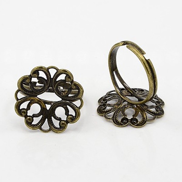 

PandaHall Adjustable Brass Filigree Ring Components, Mixed Style, Antique Bronze, 17~18mm Brass