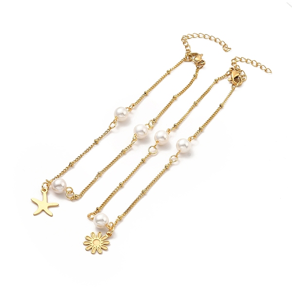 

PandaHall CCB Pearl Link Anklet, Golden 304 Stainless Steel Charms Anklet with Satellite Chains for Women, Mixed Patterns, Pendant..., White