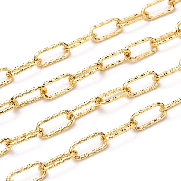 

PandaHall Brass Paperclip Chains, Flat Oval, Drawn Elongated Cable Chains, with Spool, Long-lasting Plated, Soldered, Textured, Golden...