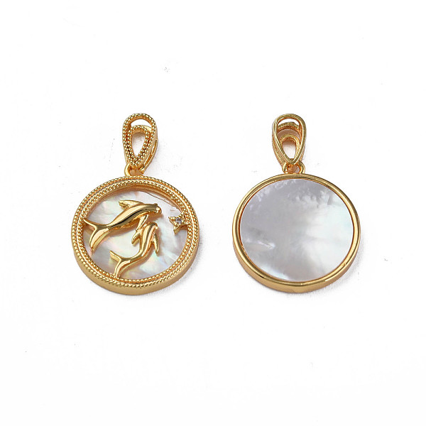 

PandaHall Brass Micro Pave Clear Cubic Zirconia Pendants, with Natural Shell, Real 18K Gold Plated, Nickel Free, Flat Round with Fish...