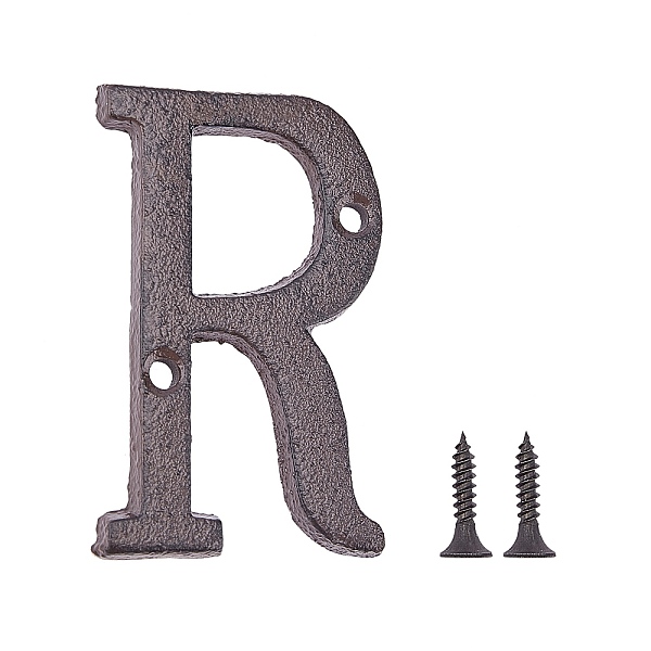 PandaHall Iron Home Address Number, with 2pcs Screw, Letter. R, 77x41x5mm, Hole: 5mm Iron Letter R