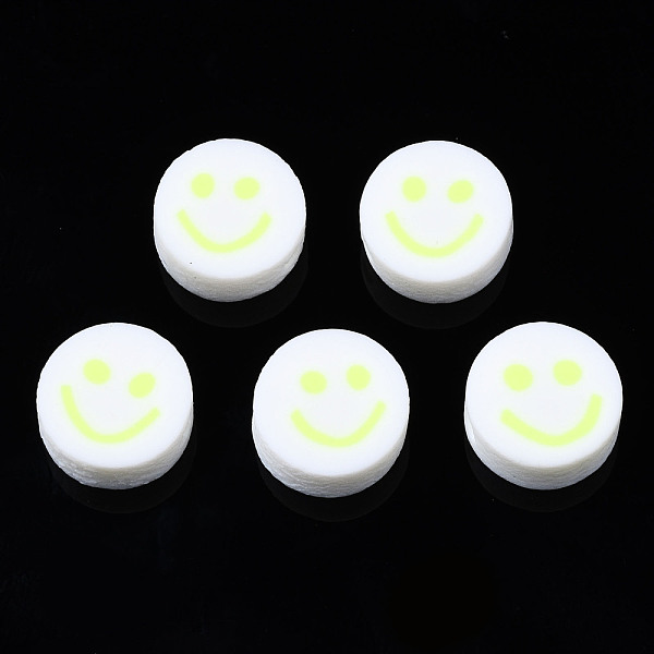 PandaHall Handmade Polymer Clay Beads, for DIY Jewelry Crafts Supplies, Flat Round with Smiling Face, Green Yellow, 10x4~4.5mm, Hole: 1.8mm...