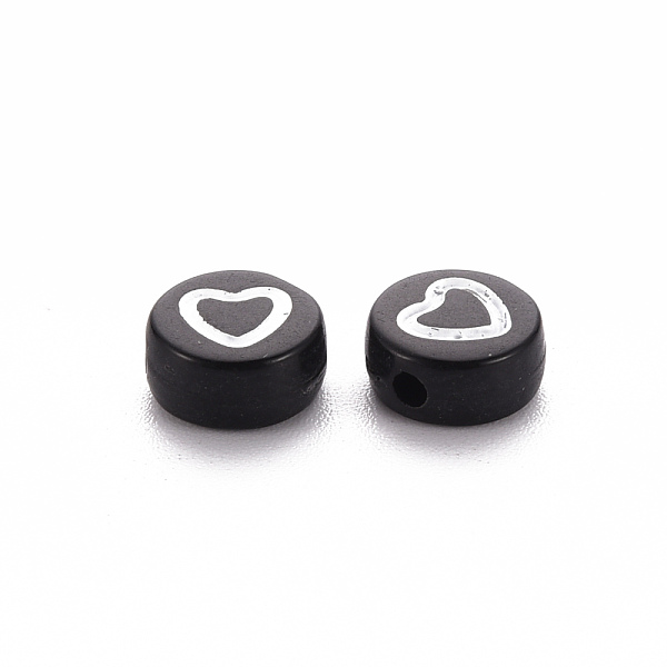 

PandaHall Opaque Black Acrylic Beads, Flat Round with White Heart, 7.5x4mm, Hole: 1.5mm, about 3600pcs/500g Acrylic Flat Round Black