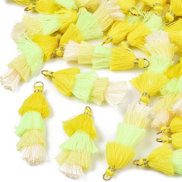 

PandaHall Polycotton(Polyester Cotton) Layered Tassel Big Pendant Decorations, with Iron Findings, Golden, Yellow, 48~55x12~15mm, Hole...