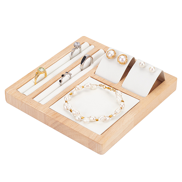 PandaHall Wooden Jewelry Display Tray Kit, 2 Slots Ring Earring Display Storage Holder White Leather Insert Jewelry Organizer Tray for...