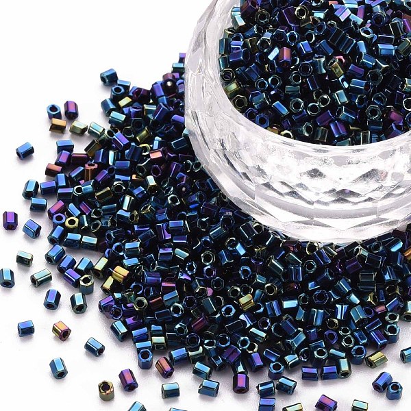 

PandaHall Glass Bugle Beads, Metallic Colours, Marine Blue, 2.5~3x2mm, Hole: 0.9mm, about 15000pcs/pound Glass