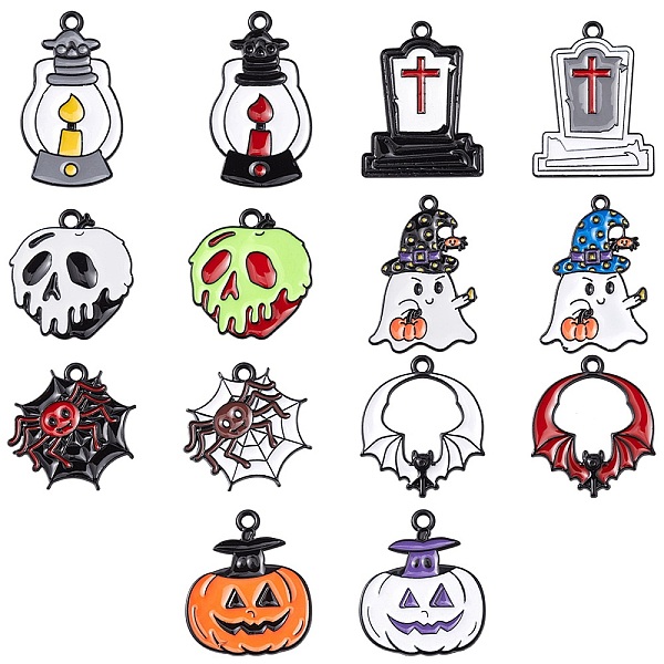 

PandaHall 14Pcs 14 Style Halloween Theme Rack Plating Spray Painted Alloy Enamel Pendants, Bat/Ghost/Paraffin Lamp/Tomb/Spider Web/Pumpkin..., Multicolor