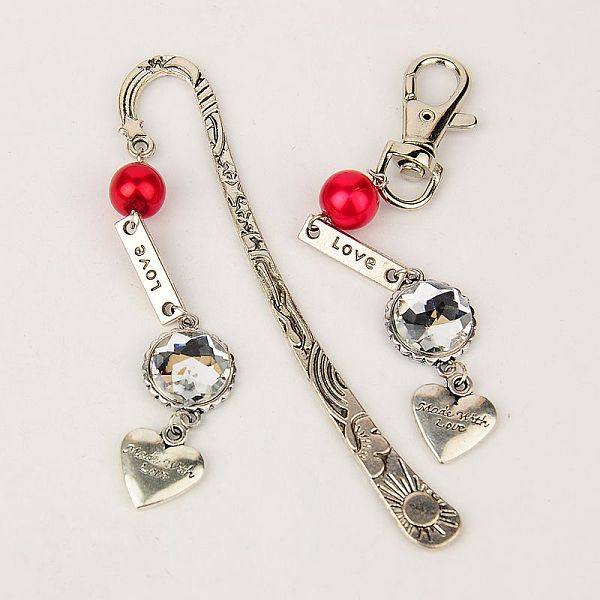 

PandaHall Tibetan Style Jewelry Sets for Valentine's Day: Bookmarks/Hairpins & Keychain, with Glass Pearl Beads, Acrylic Rhinestone..., Multicolor
