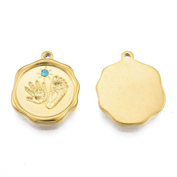 

PandaHall 304 Stainless Steel Pendants, with Aquamarine Rhinestone, Nuggets with Fingerprint & Footprints, Real 18K Gold Plated..., Cyan