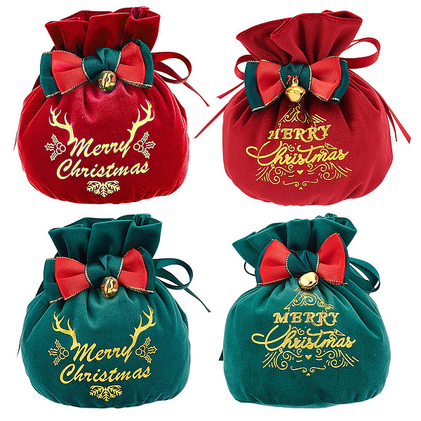 

PandaHall BENECREAT 4Pcs 4 Styles Christmas Velvet Candy Apple Bags, Gold Stamping Word Merry Christmas Drawstring Pouches with Bowknot, for..., Multicolor