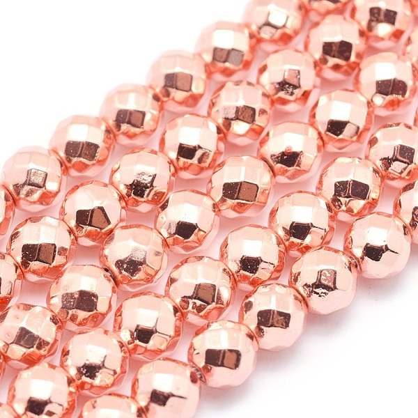 PandaHall Electroplate Non-magnetic Synthetic Hematite Beads Strands, Grade AAA, Long-Lasting Plated, Faceted, Round, Rose Gold Plated, 6mm...