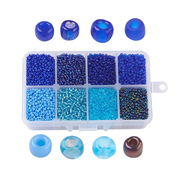 

PandaHall 12/0 Glass Seed Beads, Mixed Style, Round, Blue, 2~2.5x2mm, Hole: 0.5mm, about 12500pcs/box, Packaging Box: 11x7x3cm Glass Blue