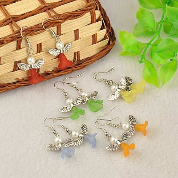 

PandaHall Lovely Wedding Dress Angel Dangle Earrings, with Tibetan Style Beads, Glass Pearl Beads, Transparent Acrylic Beads and Brass..., Multicolor