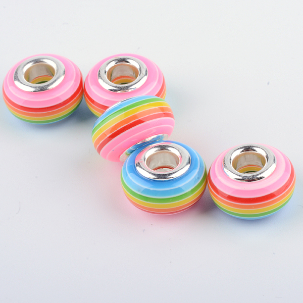 

PandaHall Resin European Beads, Large Hole Beads, with Silver Plated Brass Double Cores, Stripe, Rondelle, Light Sky Blue, 14x8~8.5mm, Hole...