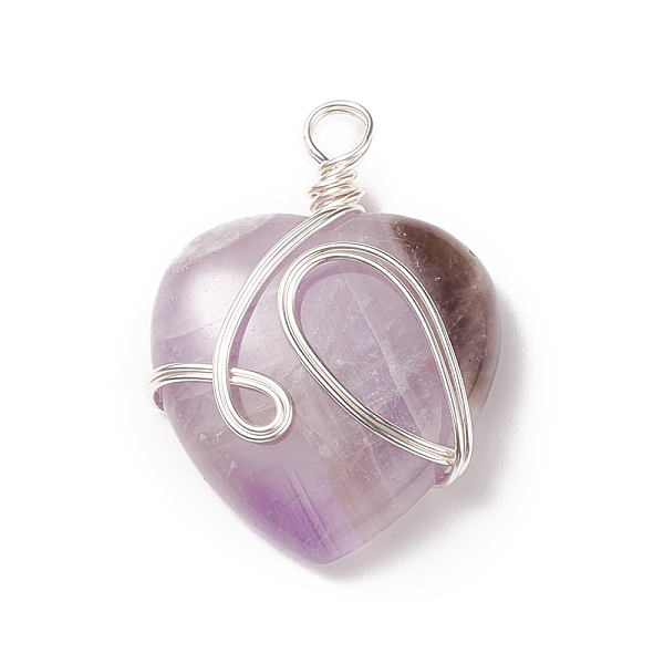 

PandaHall Natural Amethyst Pendants, with Silver Tone Copper Wire Wrapped, Heart, 39~41x30~30.5x8.5~9.5mm, Hole: 4~4.2mm Amethyst Heart