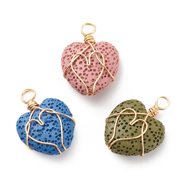 

PandaHall Synthetic Dyed Lava Rock Pendants, with Golden Tone Copper Wire Wrapped, Heart Charm, Mixed Color, 27~28x19~20x8~8.5mm, Hole..., Multicolor