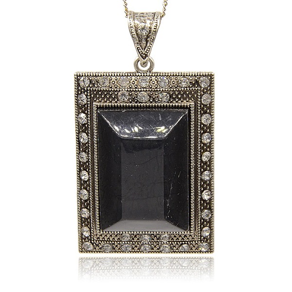 PandaHall Tibetan Style Alloy Resin Big Pendants, with Crystal Rhinestone, Rectangle, Antique Silver, Black, 70x47x14mm, Hole: 9x15mm...
