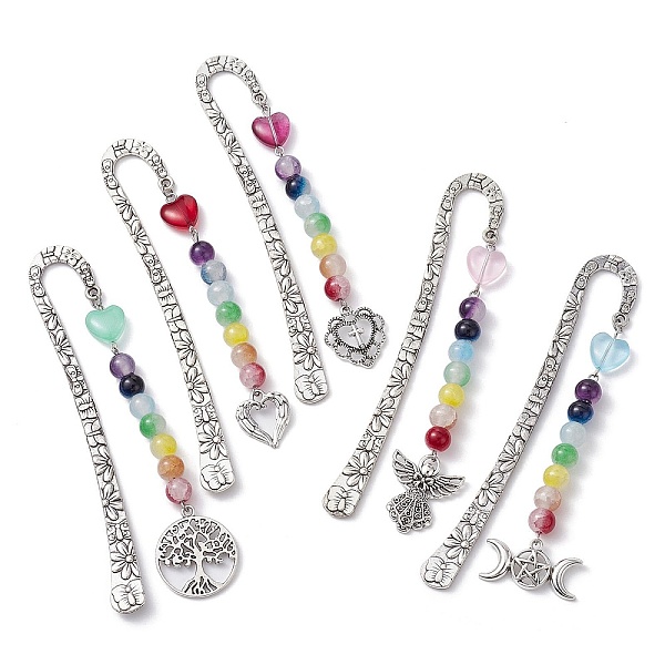 

PandaHall Flower Pattern Alloy Hook Bookmarks, Round & Heart Glass Beaded Bookmark with Heart/Angel/Moon Charm, Mixed Shapes, 124mm, Pendant...