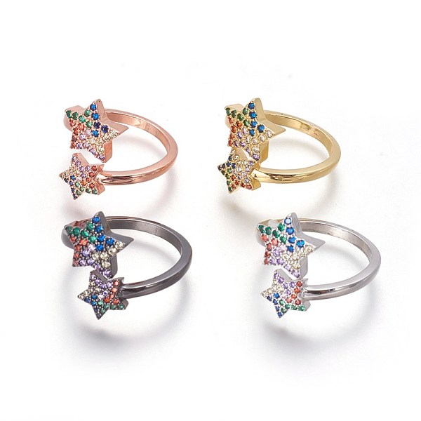 

PandaHall Cubic Zirconia Cuff Rings, Open Rings, with Brass Findings, Star, Mixed Color, Size 9, 19mm Brass+Cubic Zirconia Multicolor