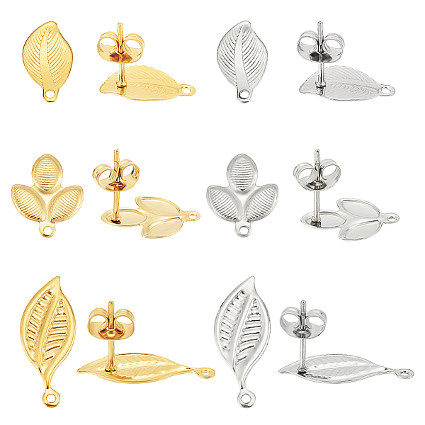 PandaHall UNICRAFTALE about 24 Pieces 3 Styles Leaf Stud Earrings with Ear Nuts Hypoallergenic Earrings 0.7mm Pin Stainless Steel Stud...