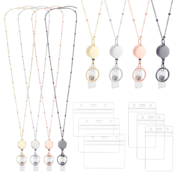 

PandaHall GLOBLELAND 4 Sets 4 Colors Alloy Retractable Badge Holer Reel Stainless Steel Necklace Beaded Chain Lanyard with ID Card Holders...