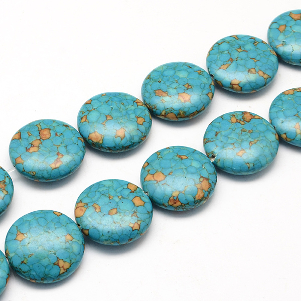 

PandaHall Dyed Synthetic Turquoise Bead Strands, Flat Round, Medium Turquoise, 16x8mm, Hole: 1~2mm, about 23pcs/strand, 15.4 inch~16.5 inch..., Cyan