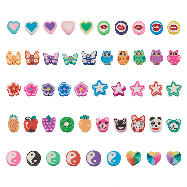 

PandaHall Fashewelry 330pcs 11 Style Handmade Polymer Clay Beads, Animal & Star & Flower Plum Blossom & Owl & Heart & Butterfly & Lip & Yin..., Multicolor