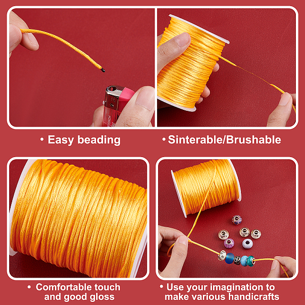 

PandaHall 2mm Rattail Satin Cord, 100m/106 Yards Golden Kumihimo Thread Christmas Crafts String Silky Trim Beading String Decorative Cords..., Gold