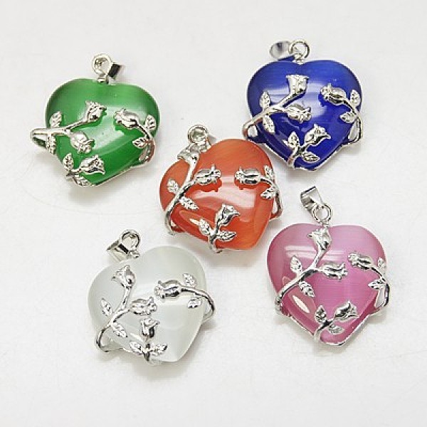 

PandaHall Cat Eye Pendants, with Brass Findings, Heart, Platinum Color, Mixed Color, 23x21x9mm, Hole: 5x4mm Brass+Cat Eye Heart Multicolor