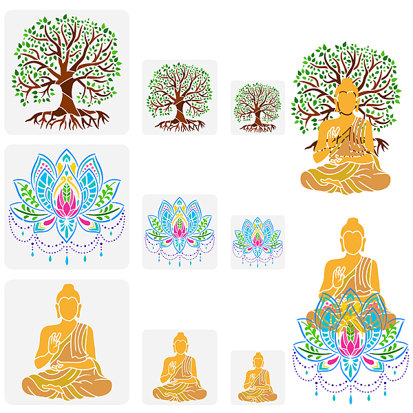 

PandaHall FINGERINSPIRE 9 Pcs 3 Styles Tree of Life Stencil Lotus Flower Stencil Plastic Buddha Stencil 11.8/7.9/5.9 inch(30/20/15cm) Square...