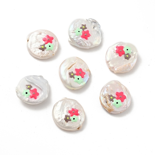 

PandaHall Flat Round Enamel Natural Pearl Beads, Flower Pattern, Hot Pink, 17x16x5mm, Hole: 1mm Pearl Flat Round