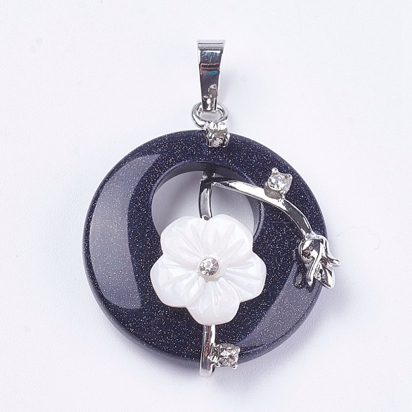

PandaHall Synthetic Blue Goldstone Pendants, with Shell, Rhinestone and Platinum Tone Brass Findings, Flat Round with Flower, 35.5~36x28x8mm...