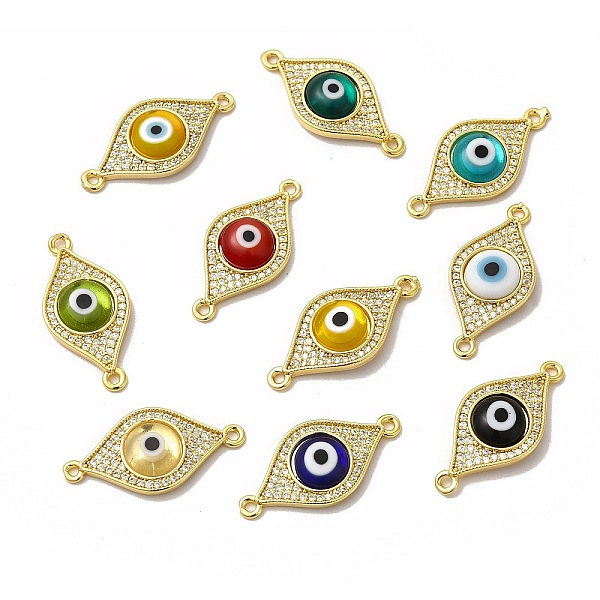 

PandaHall Rack Plating Real 18K Gold Plated Brass Micro Pave Clear Cubic Zirconia Connector Charms, Evil Eye Links with Handmade Lampwork..., Multicolor