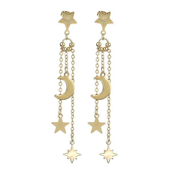

PandaHall 304 Stainless Steel Dangle Stud Earrings, Brass Moon with Star Tassel Earrings, Real 18K Gold Plated, 85x10.5mm 304 Stainless...