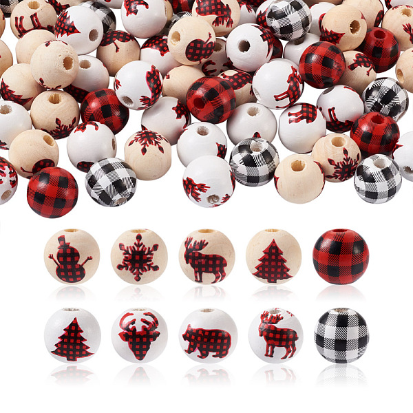 

PandaHall Craftdady 100Pcs Natural Wooden Beads, Christmas, Round with Mixed Pattern, Dyed, Mixed Color, 16mm, Hole: 4mm Wood Round..., Multicolor