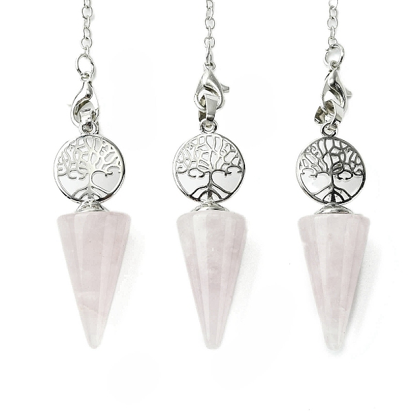 

PandaHall Natural Rose Quartz Cone Dowsing Pendulum Big Pendants, with Tree of Life Rack Plating Platinum Plated Brass Findings, Cadmium...