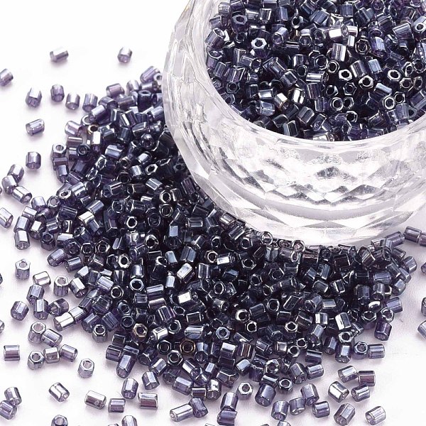 

PandaHall Glass Bugle Beads, Transparent Colours Luster, Slate Gray, 2.5~3x2mm, Hole: 0.9mm, about 15000pcs/pound Glass