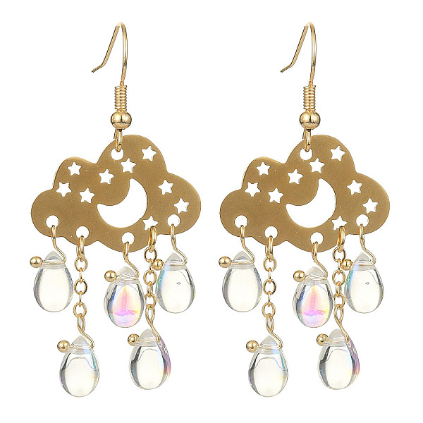 

PandaHall Transparent Glass Dangle Earrings, with 201 Stainless Steel Chandelier Components Links, Cloud with Moon and Star, 54x25mm Glass...